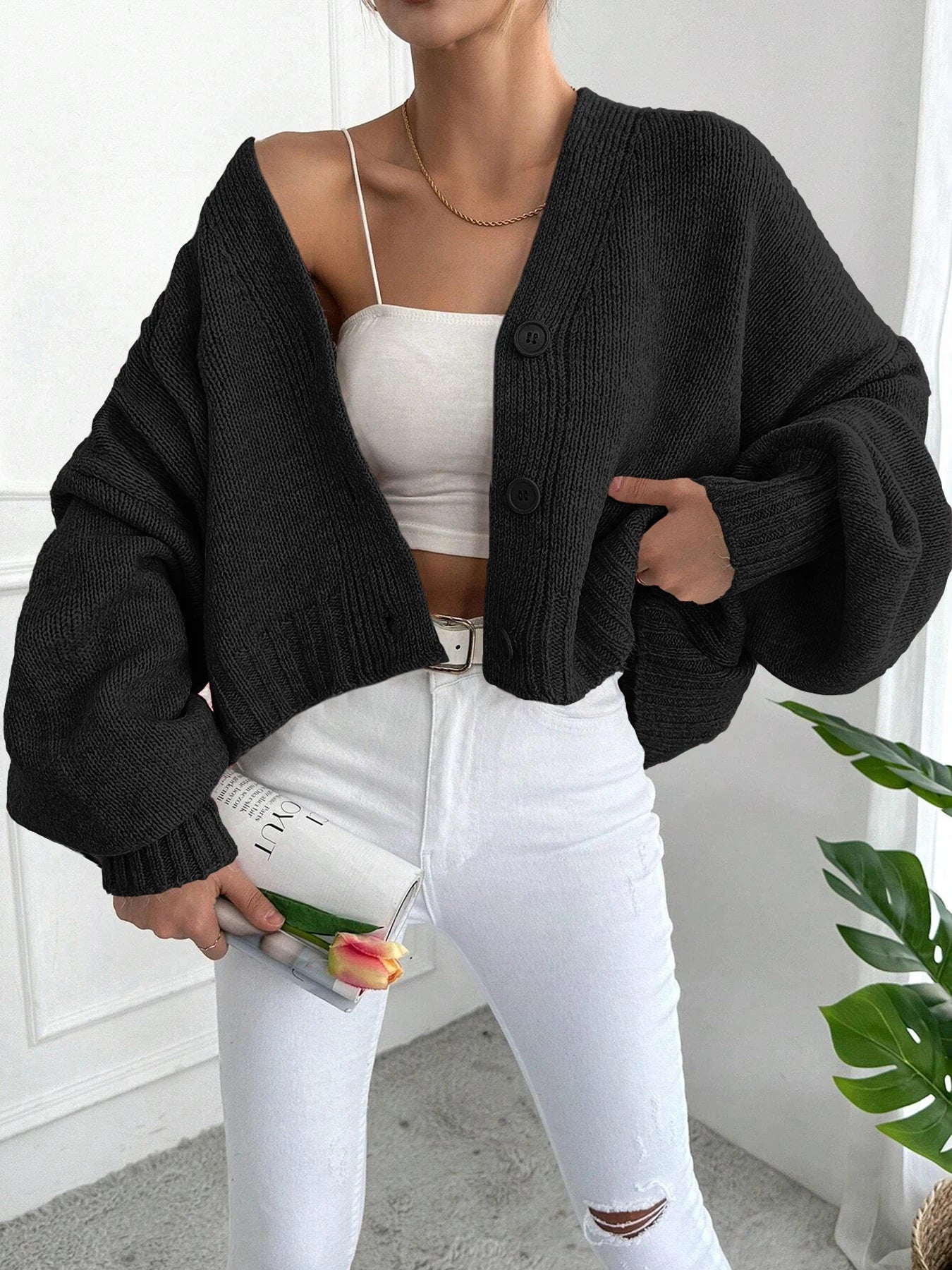 Women's Autumn Winter Knitted Sweater Cardigan, Batwing Sleeve Drop Shoulder Button Loose Fit Pullover, Casual Fashion for Ladie