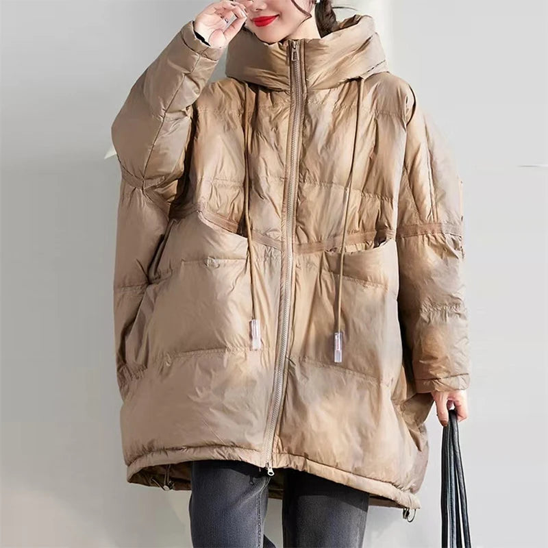 Lagabogy 2025 New Winter Women 90% White Duck Down Jacket Casual Loose Over Size Warm Parka Female Drawstring Hooded Puffer Coat