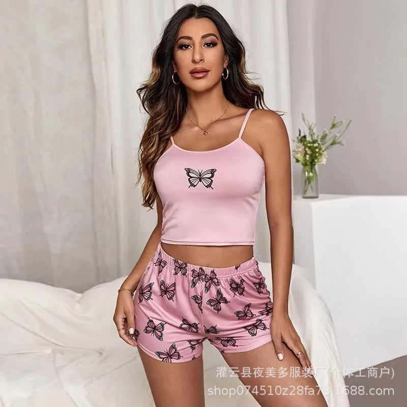 Summer Butterfly Print Milk Silk Chemise Short Set Casual Comfortable Home Wear Breathable Moisture Wicking Sleepwear