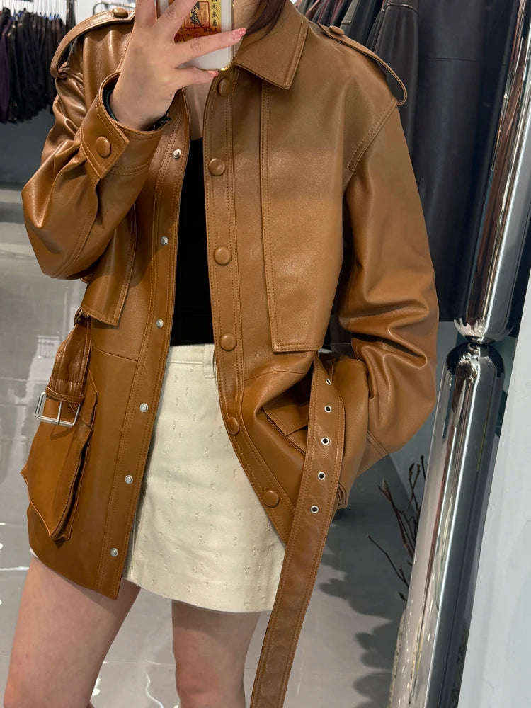 Winter Genuine Leather Outwears For Women High Quality Female Large Pocket Epaulet Belt Mid Long Jacket Female Warm Windbreaker