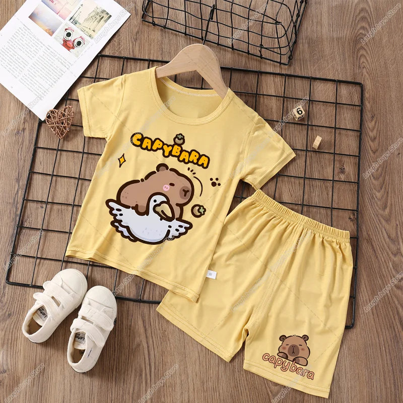 Capybara Cute Pajamas Suit Short Sleeve Sleepwear Cartoon Animal Print Soft Homewear Set Kawaii Silky Home Nightgown Summer Gift