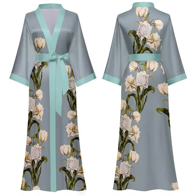 New Spring Summer Women Long Robe Kimono Bathrobe Gown Sexy Black Print Sleepwear Nightgown Casual Half Sleeve Satin Home Dress