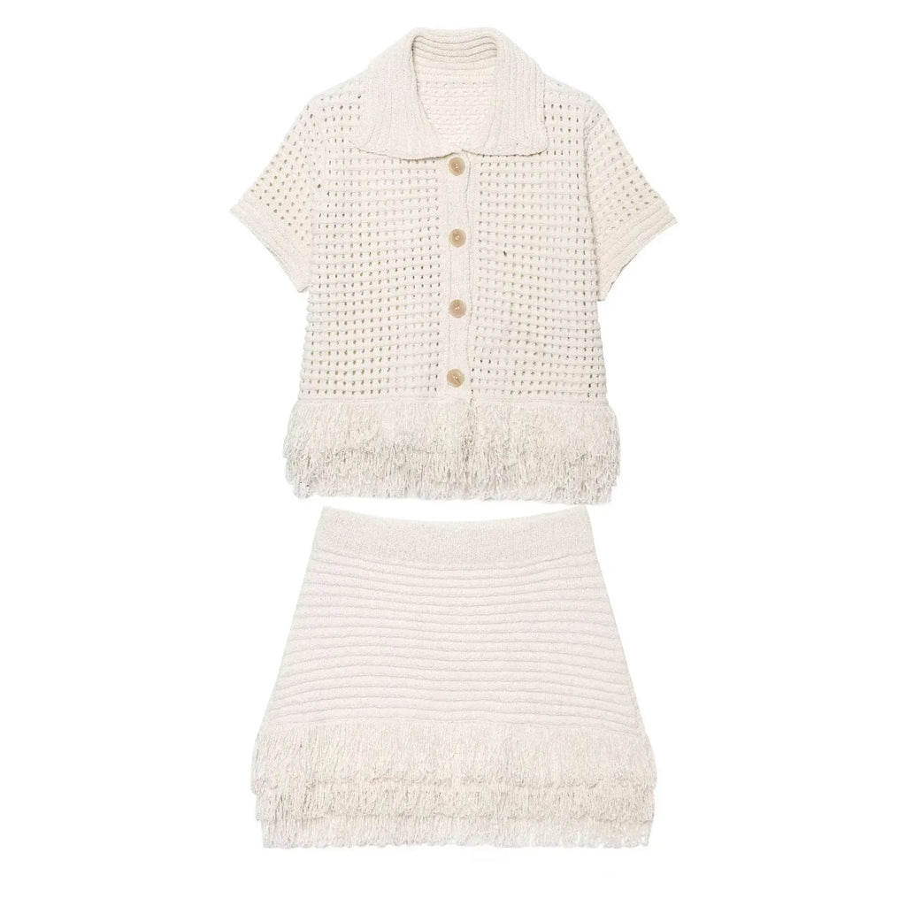 KONDALA 2026 Spring Summer Elegant Knitted Tassel Solid Women Suit Turndown Collar Hollow Out Shirt Elastic Wasit Mini Skirt