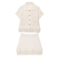 KONDALA 2026 Spring Summer Elegant Knitted Tassel Solid Women Suit Turndown Collar Hollow Out Shirt Elastic Wasit Mini Skirt