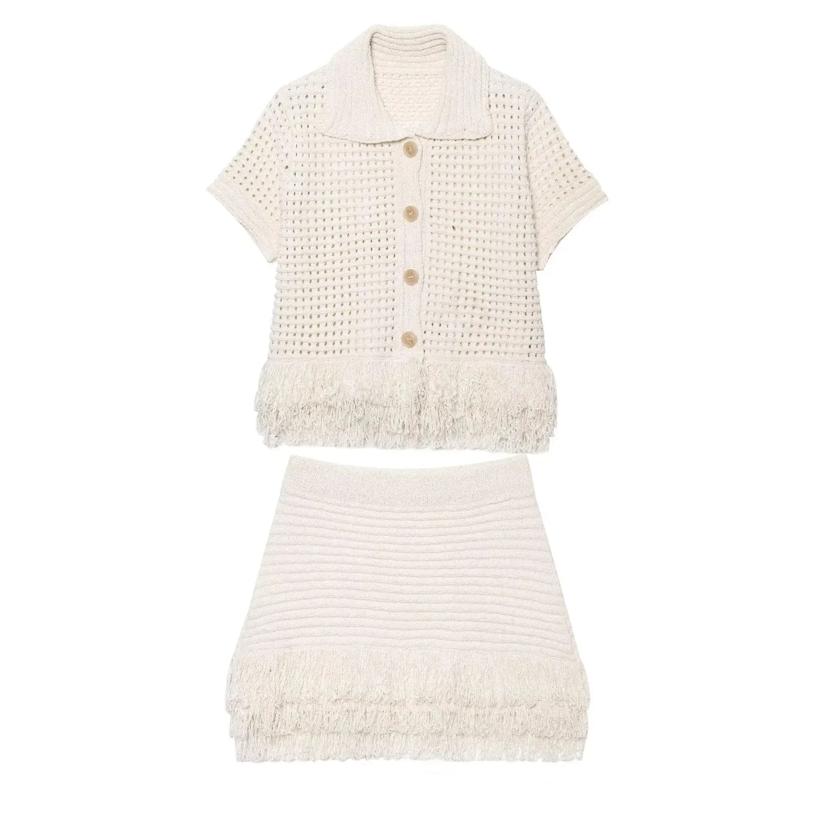KONDALA 2026 Spring Summer Elegant Knitted Tassel Solid Women Suit Turndown Collar Hollow Out Shirt Elastic Wasit Mini Skirt